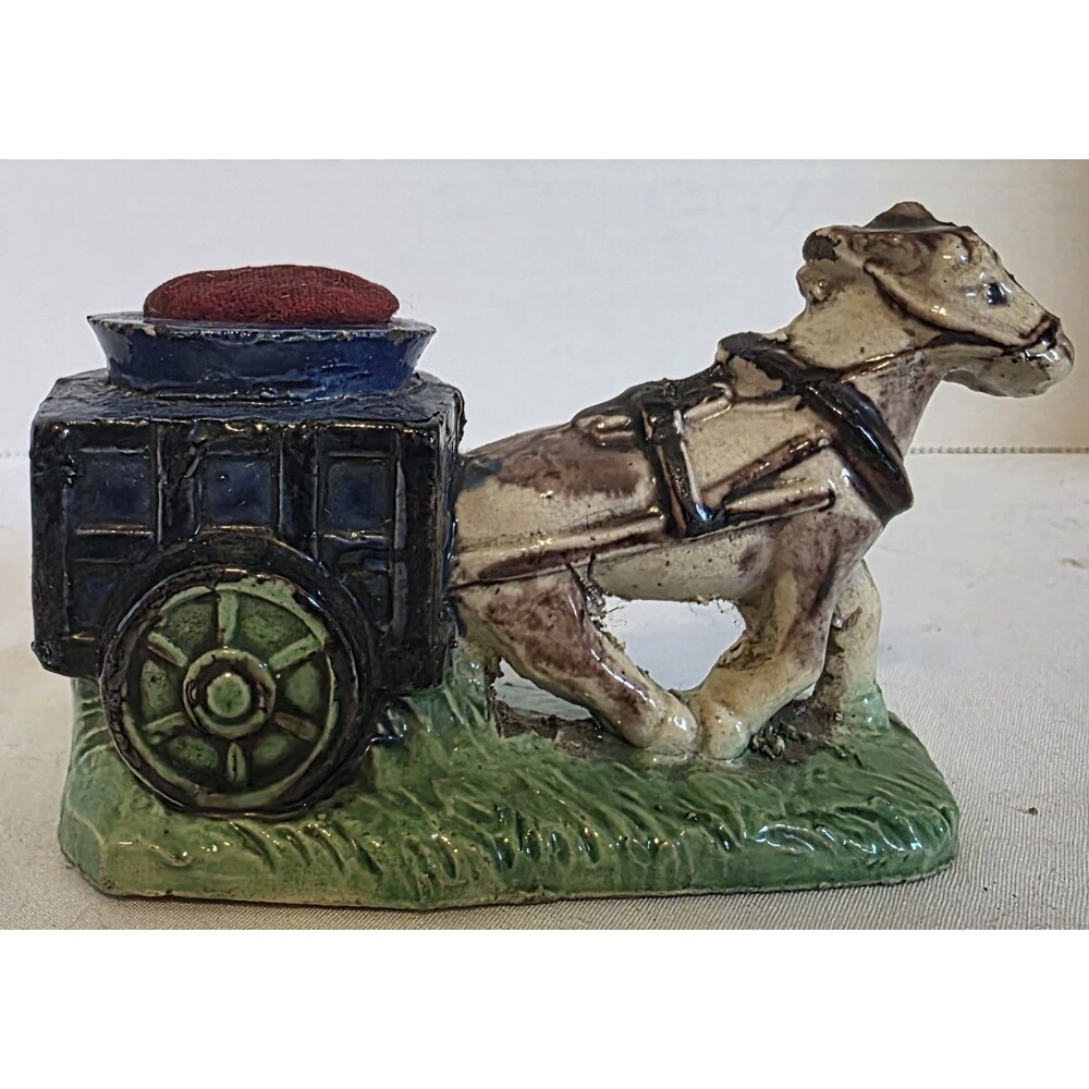VTG Japan Porcelain Figural Pin Cushion Donkey Draw Carriage